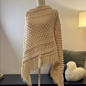 Vintage Crochet Cream Poncho with Fringe
